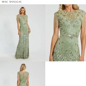Macduggal Green high neck beaded fringe fitted gown